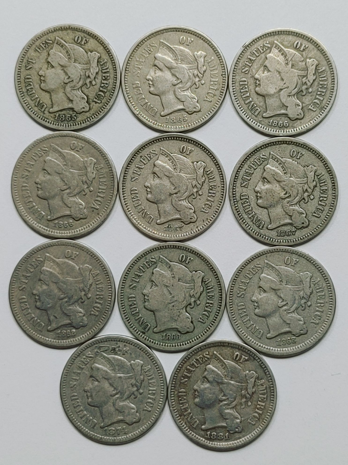 11x 1865-1874 3 Cent Nickels 3CN 28655