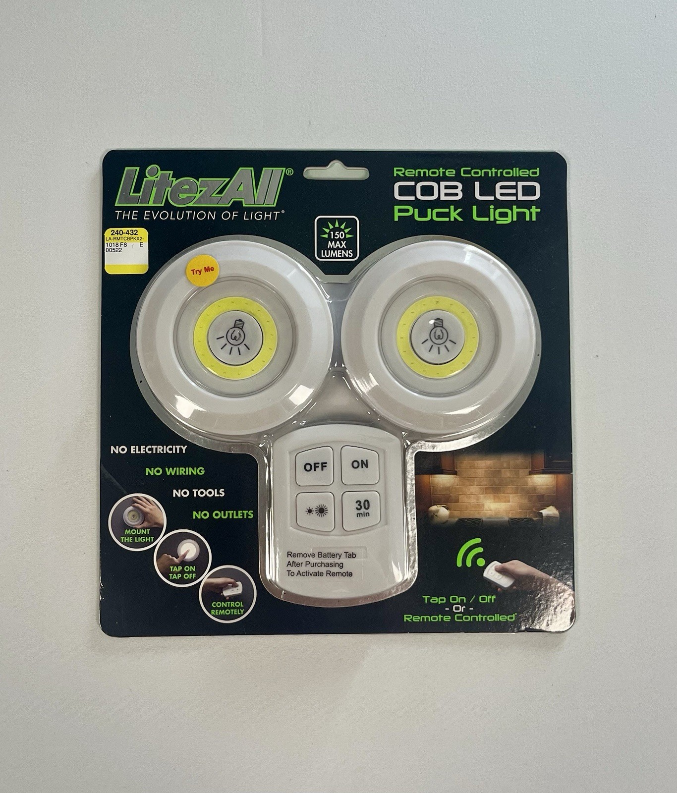 LiteZAll Remote Controlled COB LED Puck Lights 2 Pack w/ Remote 150 Lumens New