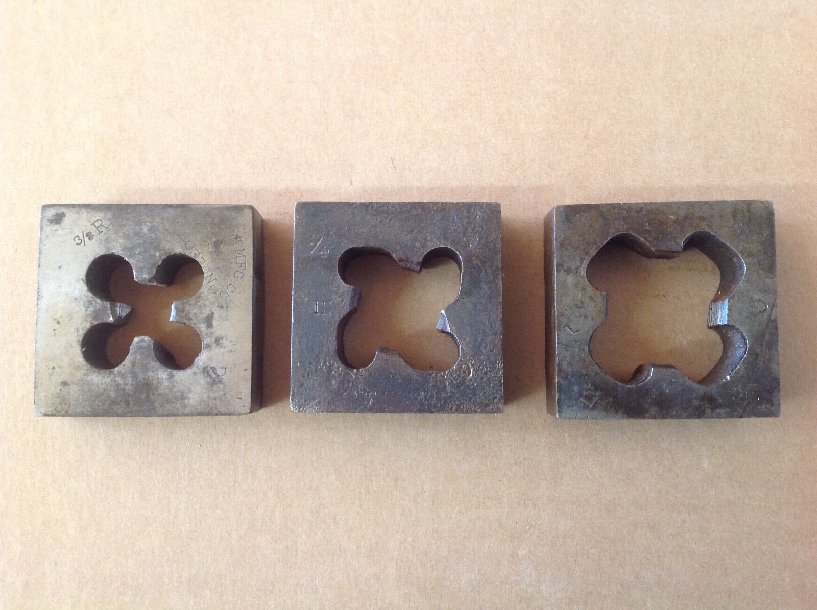 Vintage Pipe Dies, 2-1/2" square, 3/8, 3/4, 1", lot of 3