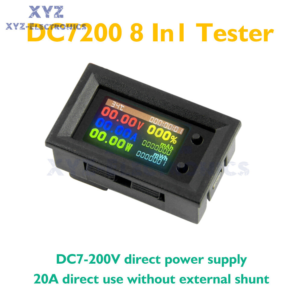 8-in-1 Multi-function Power Voltage Meter DC 7-200V 20A 1.14" HD IPS LCD Screen