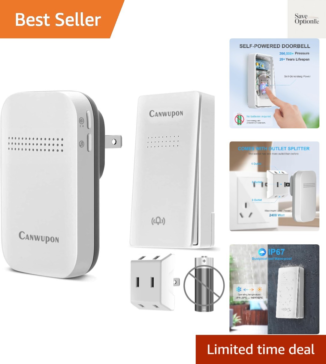 Wireless Doorbell - Self-Powered Door Bells No Battery Required for Home, Pus...