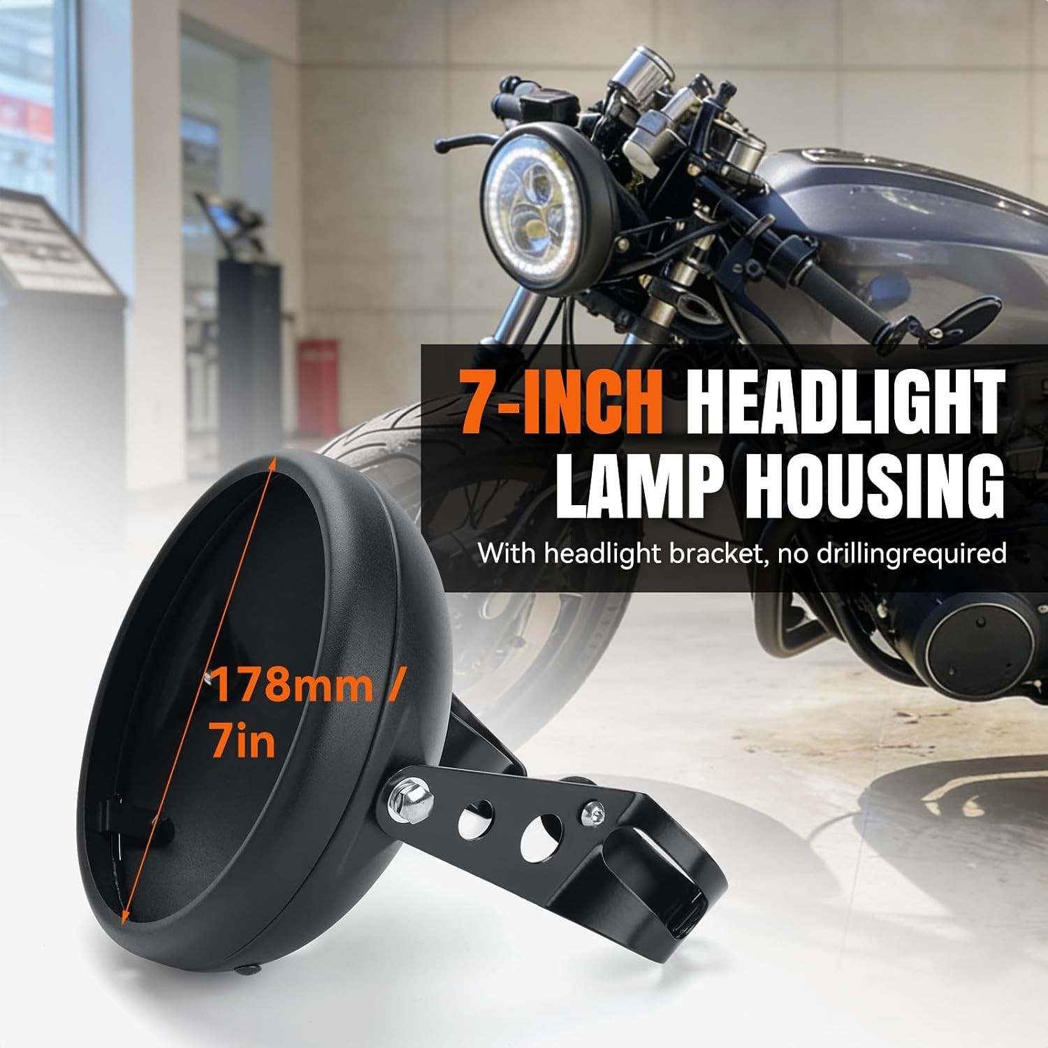 7 Inch Motorcycle Headlight Housing, Adjustable 35–48mm Fork Mount Bracket