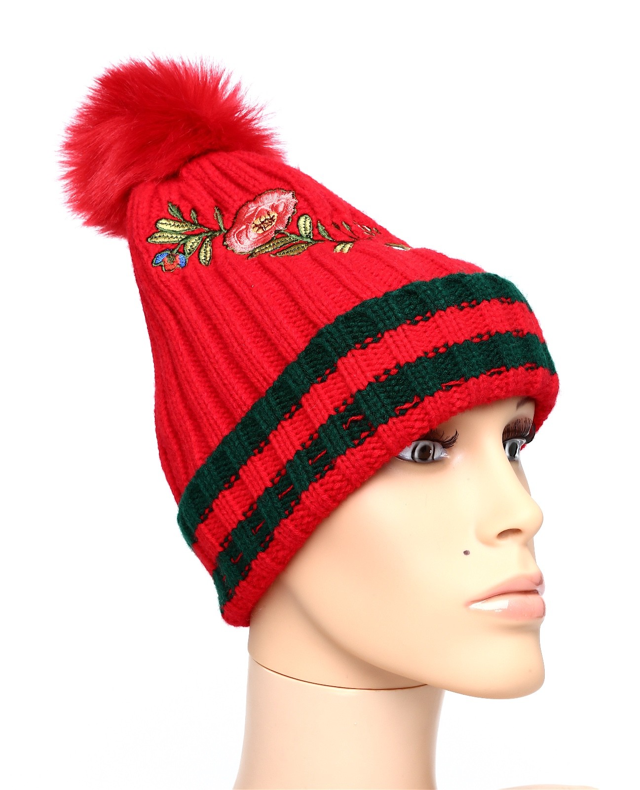 Cara New York Women's Red Multi Color Flower Pom Hat  One Size L12620