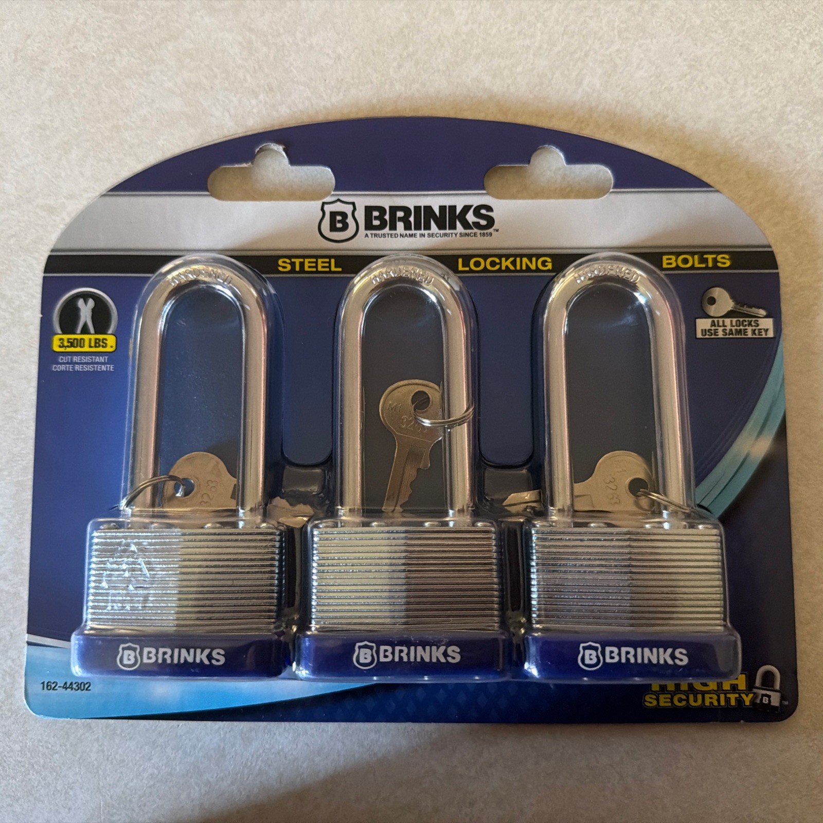 Pack of 3 New Brinks Steel Locking Bolts Cut Resistant High Security Padlock