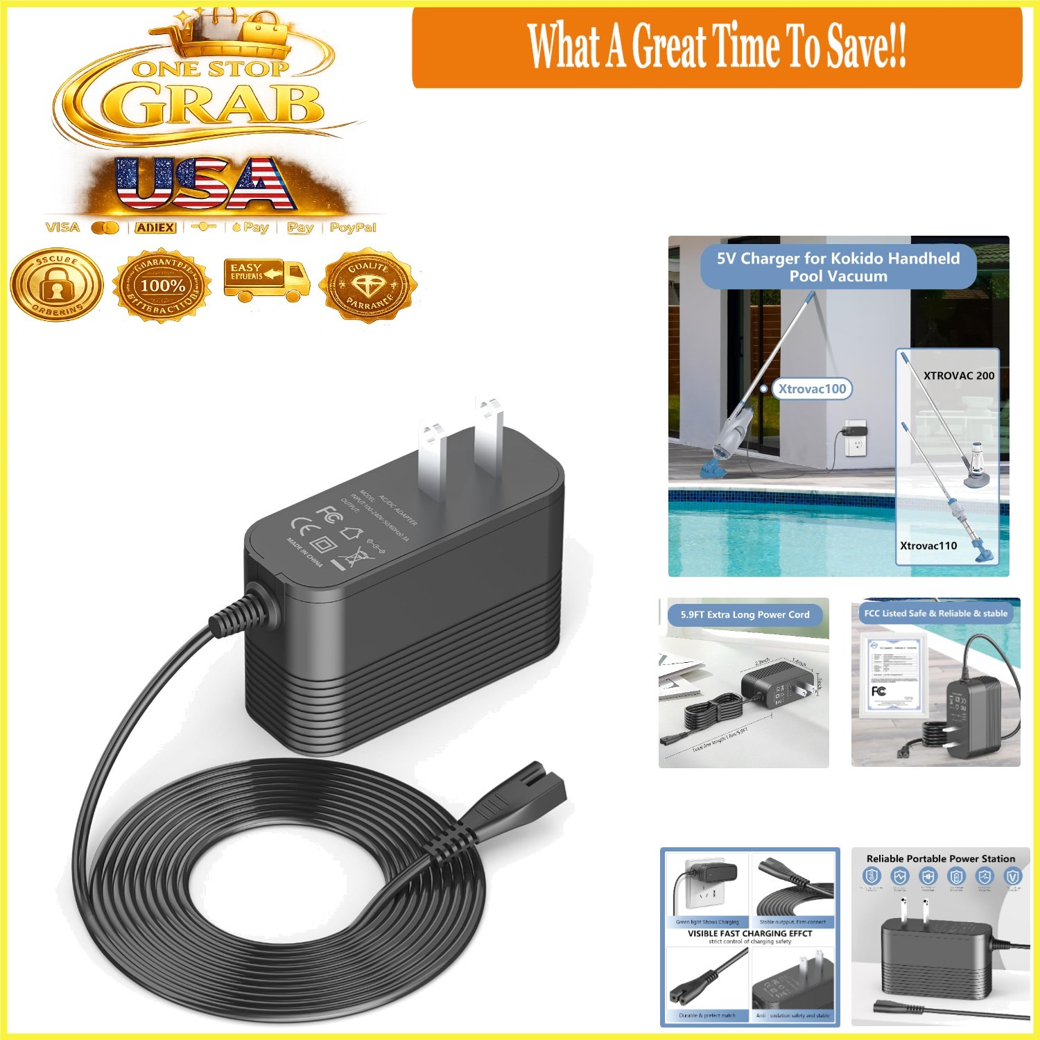 5V Charger for Kokido Xtrovac 100 110 200 Telsa Rechargeable Pool Vacuum