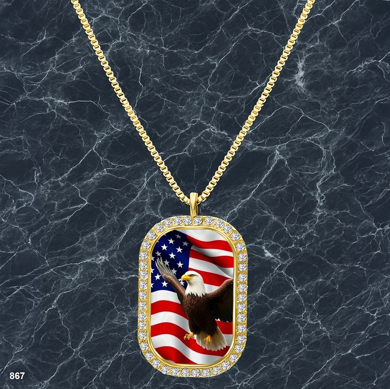 Stunning USA American Flag Pendant Necklace Picture Design Glamorous Gold Tone A