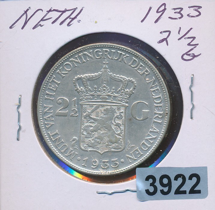 NETHERLANDS - 1933 - SILVER 2 1/2 GULDEN - #3922