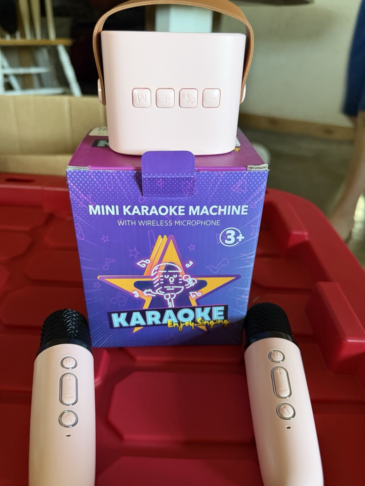 Pink Portable Karaoke System with Wireless Microphone and Speaker