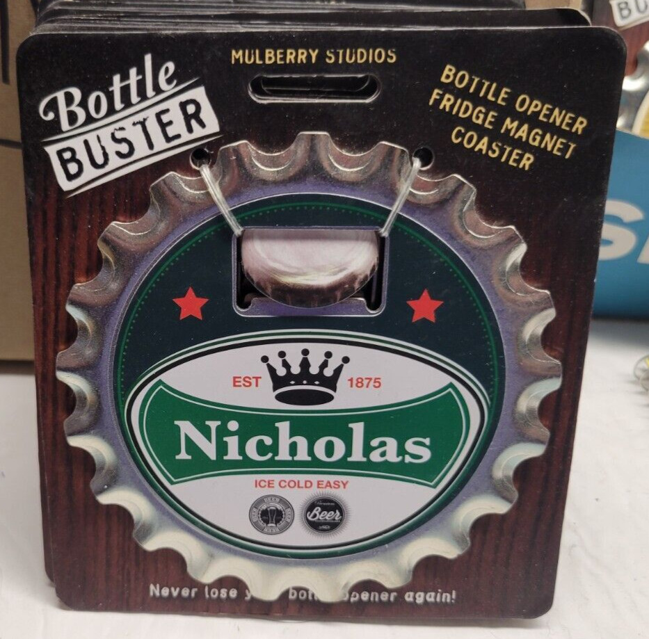 NICHOLAS PERSONALIZED MULTI GADGET BOTTLE OPENER MAGNET COASTER NEW - U
