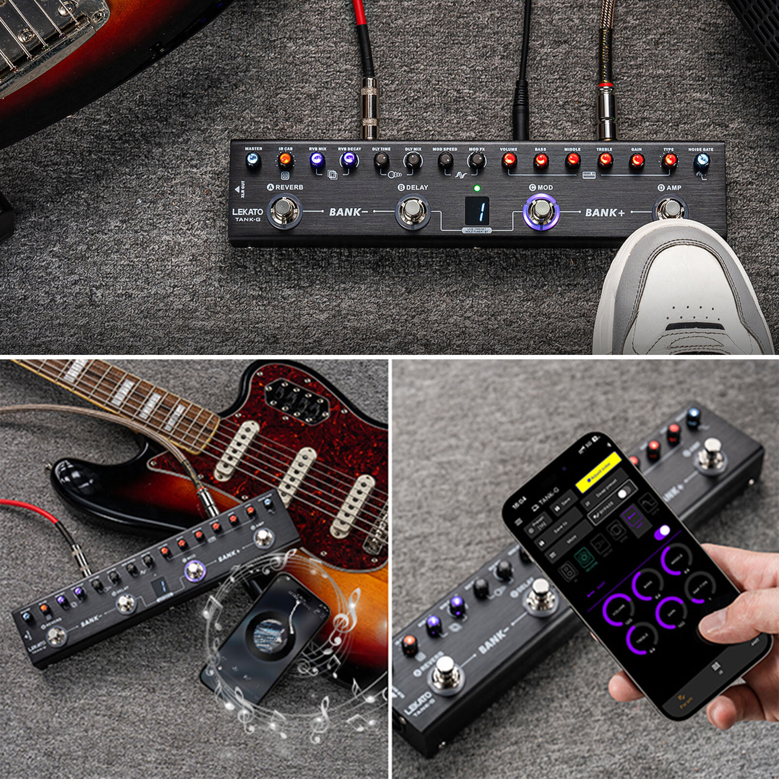 LEKATO Multi Effects Guitar Pedal Processor BT/36 Presets/4 Modules/IR CAB Tuner