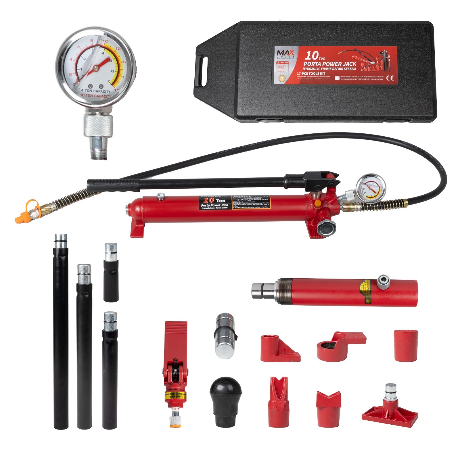 10-Ton Hydraulic Porta Power Kit (20,000 lbs) - 17-Piece Auto Body Repair Set