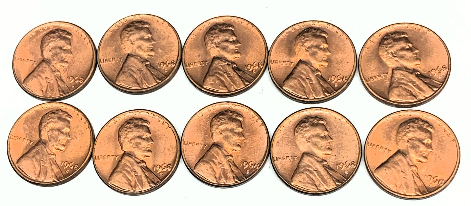 C7171    U.S. LINCOLN  CENT  10 COINS,   ALL   UNC.        1968-S