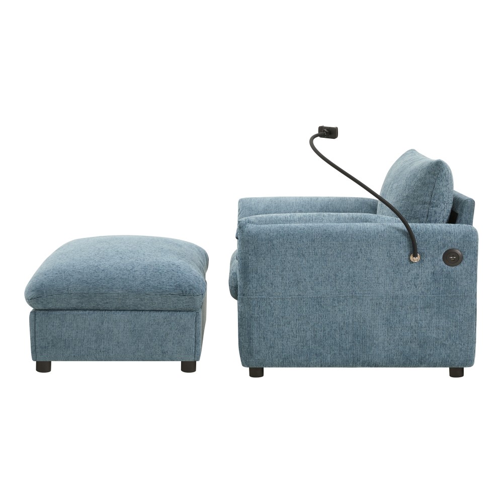 37" Cloud Chaise Sofa w/ Storage Ottoman, Charger & Phone Holder, Blue