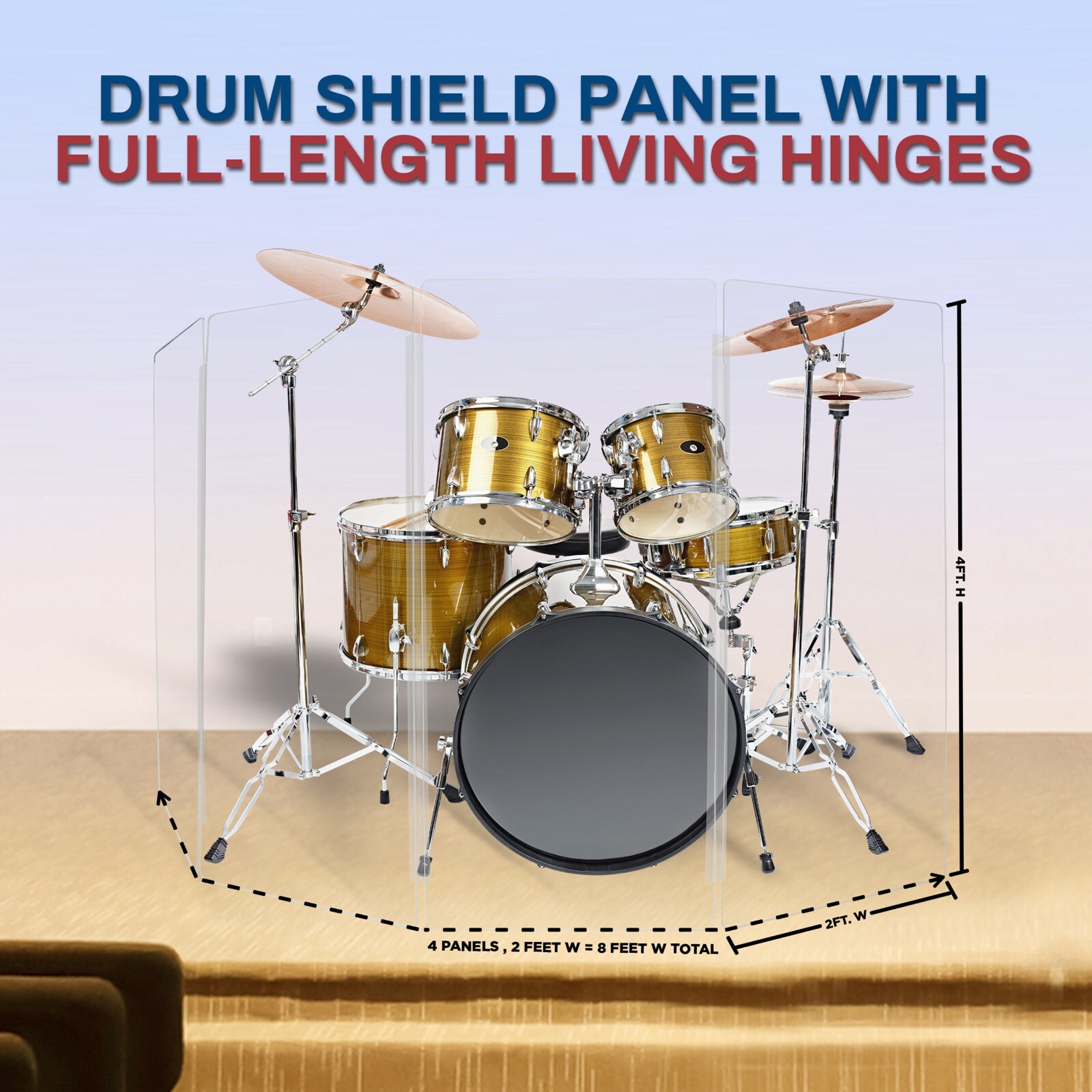 Drum Shield, Premium Acrylic Drum Screen 4 Panels 2ft x 4ft with Living Hinges