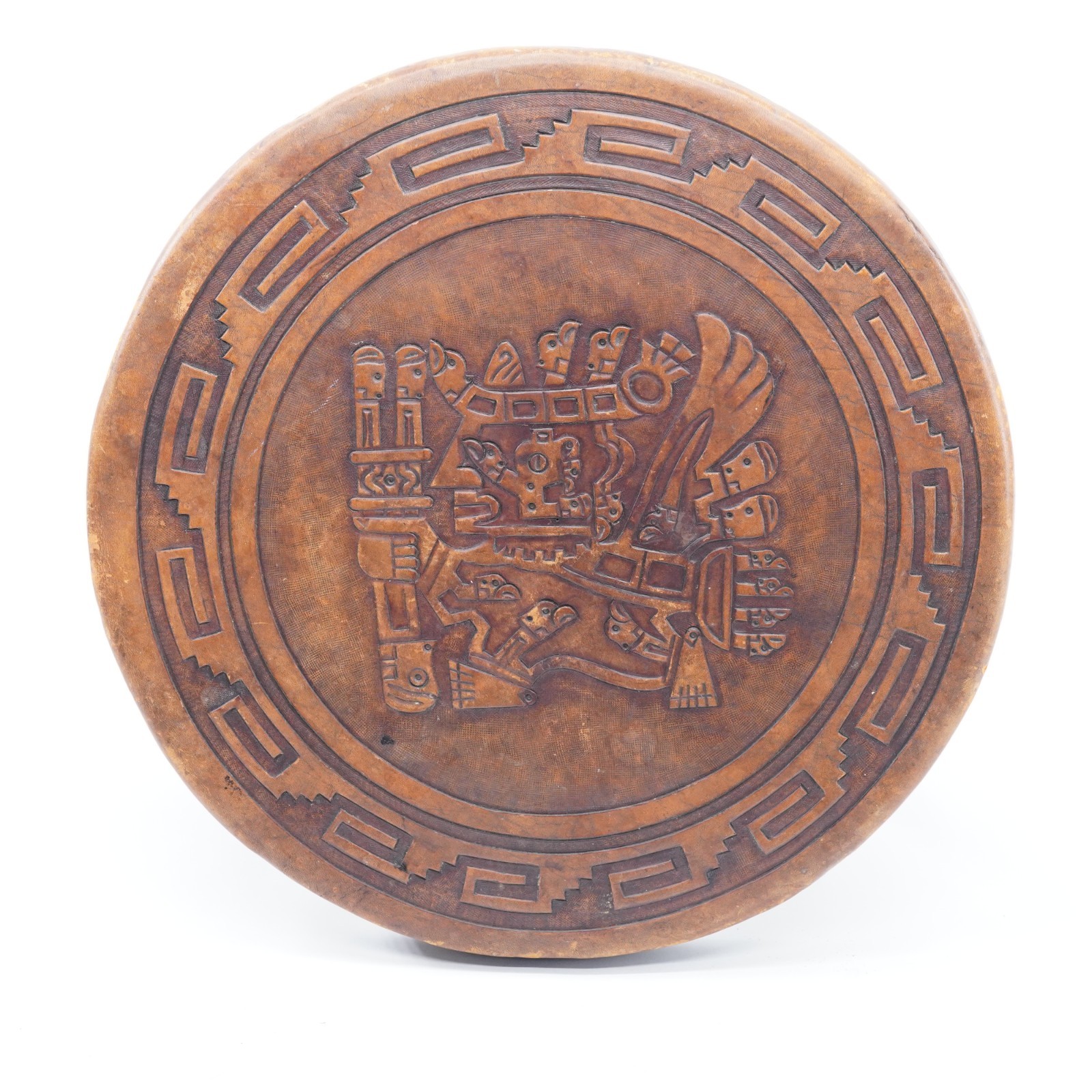 Hand Tooled Leather Top Wooden Stool Ottoman Ethnic Peru Mayan Aztec Warrior