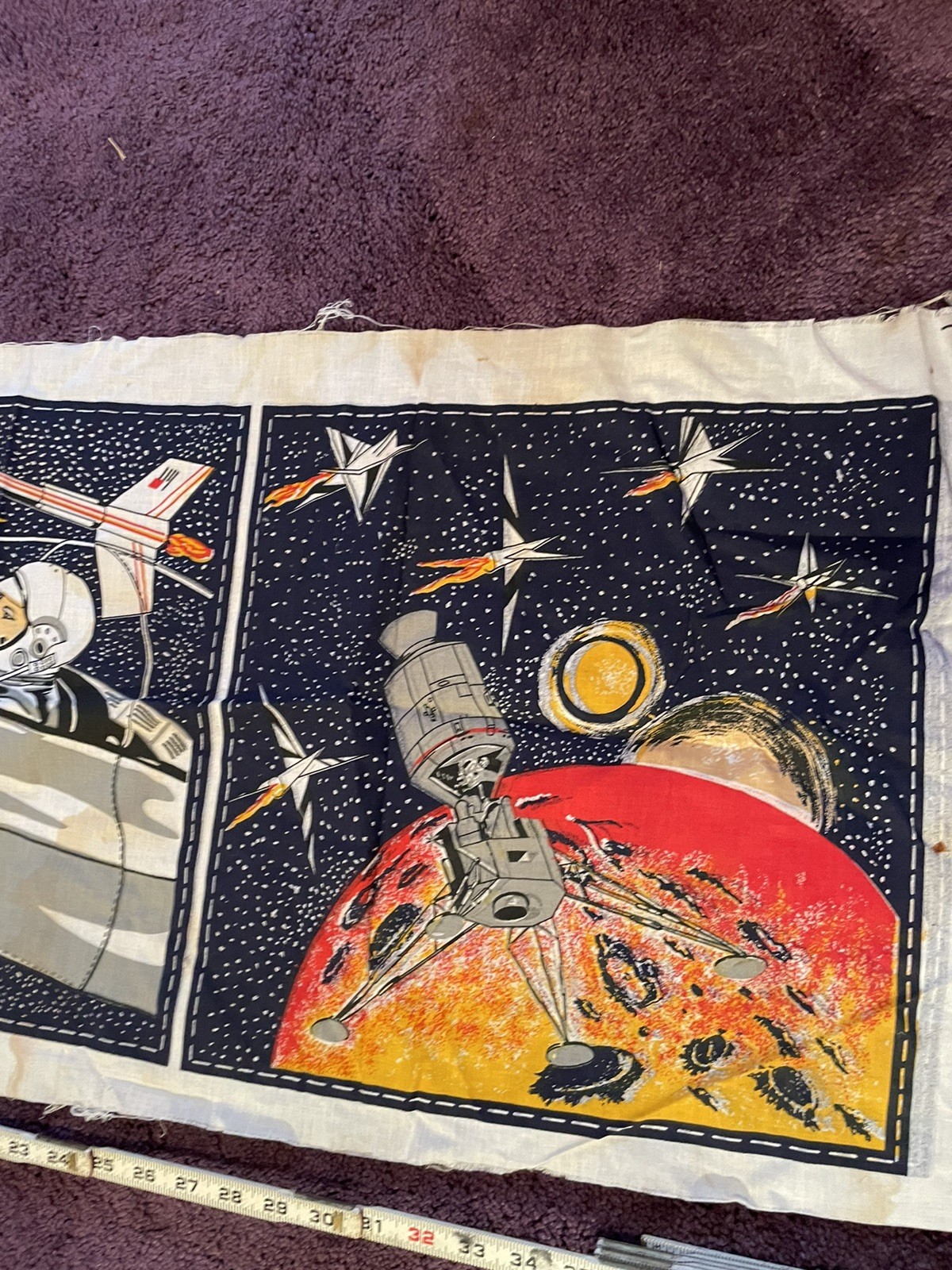 VINTAGE Star Force Fabric Pattern Pillow Astronaut Spaceship 1970s