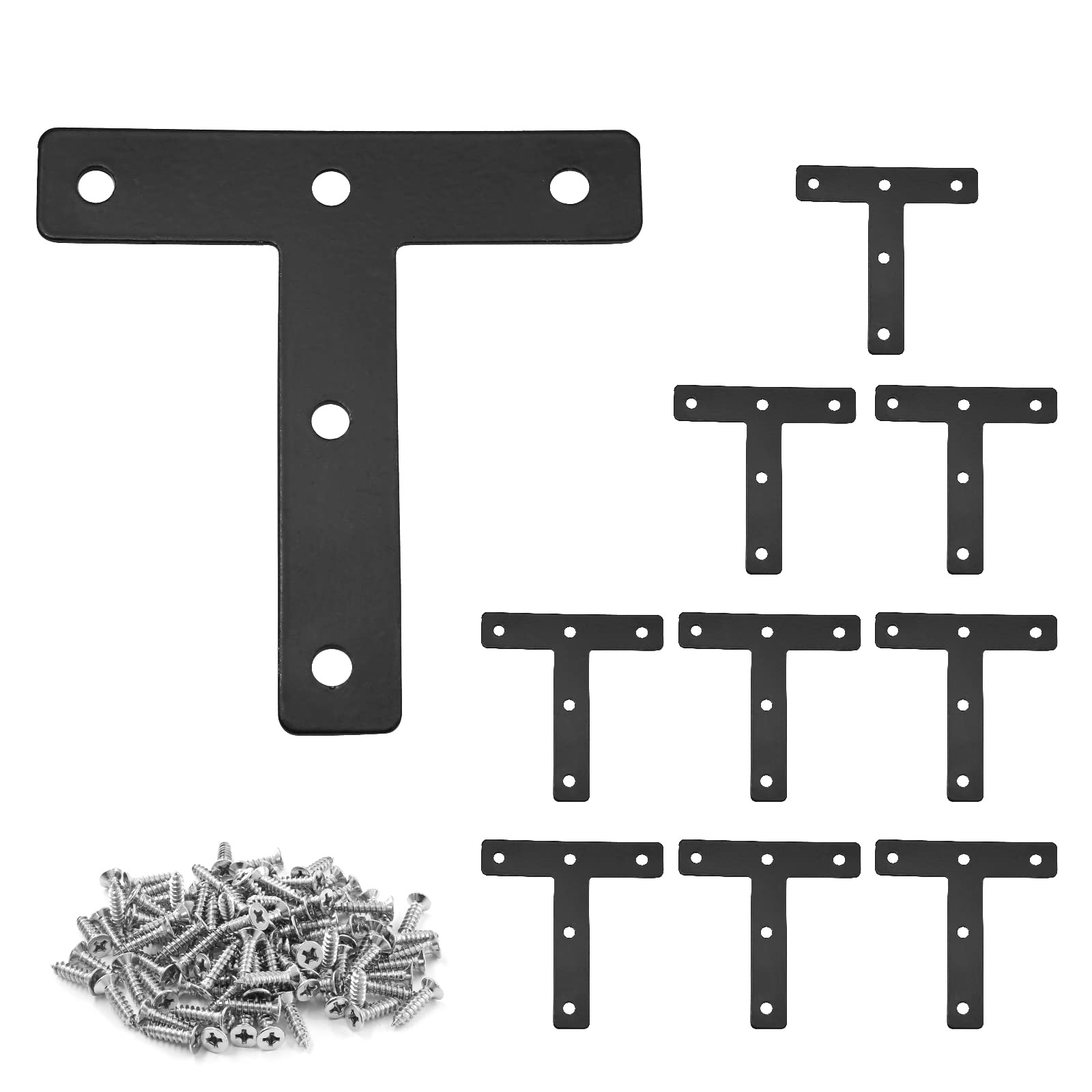Uenhoy 10 Pcs T Shape Flat Mending Plates 80mm x 80x80mm/3.15"x3.15", Black