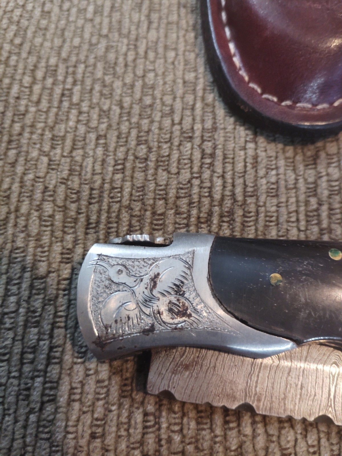 Eye Catching Damascus Steel Folding Knife, Hand Made, DB-5062-ENG & Leather Case