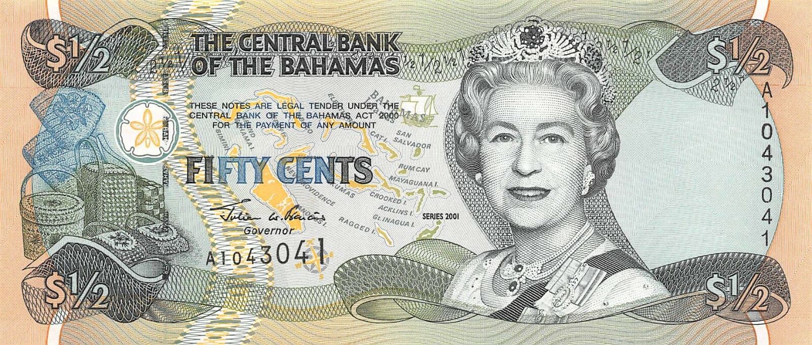 Bahamas  $ 1/2   2001  P 68a  Series A  Uncirculated Banknote EJ25
