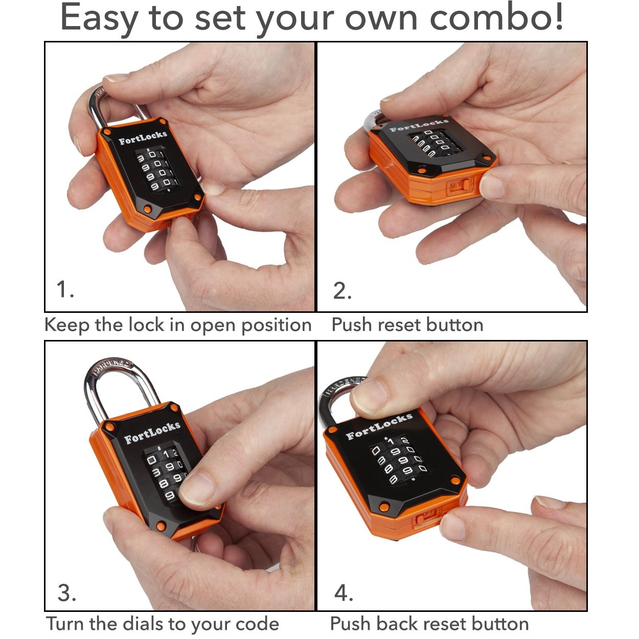 FortLocks 2 Pack Combination Lock, 4 Digit, Waterproof, Resettable, Silver