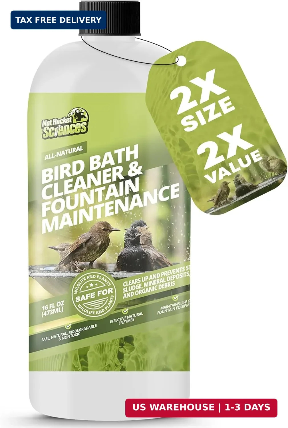 16oz Bird Bath Cleaner, Cleans 80 Gallons of Water, Ideal Fountain Cleaner Safe