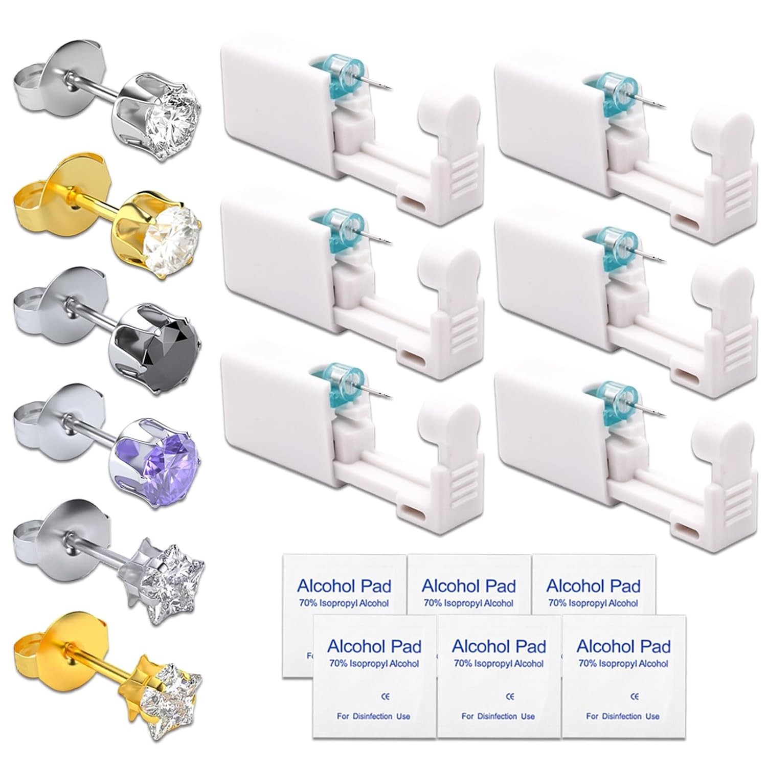 Disposable Self Piercing Gun Ear Piercing Kit with 6 Preloaded Earrings Set