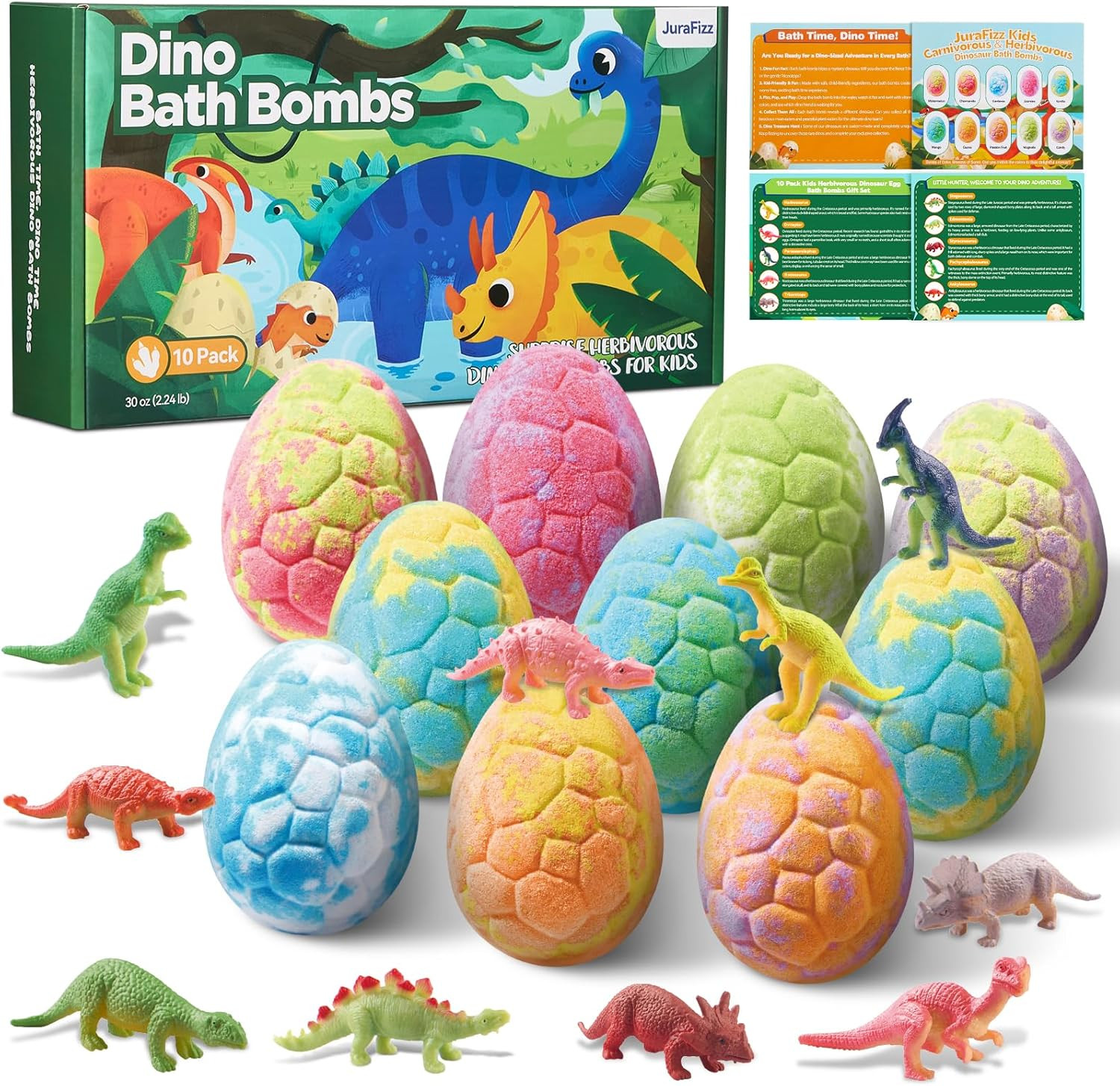 Dinosaur Bath Bombs for Kids with Surprise Inside, 10 Pack Natural Dino Eggs
