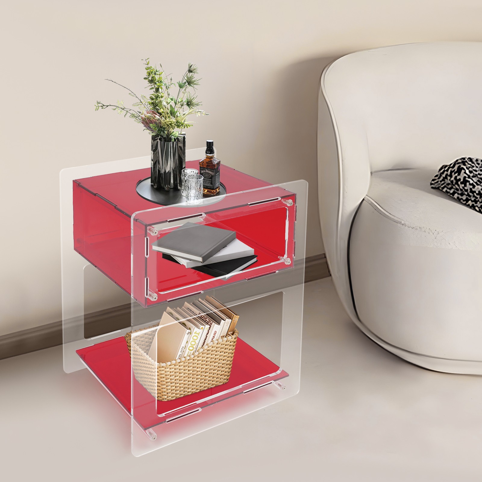 Red Acrylic Side Table, Acrylic Nightstand, Rectangle Storage Shelf