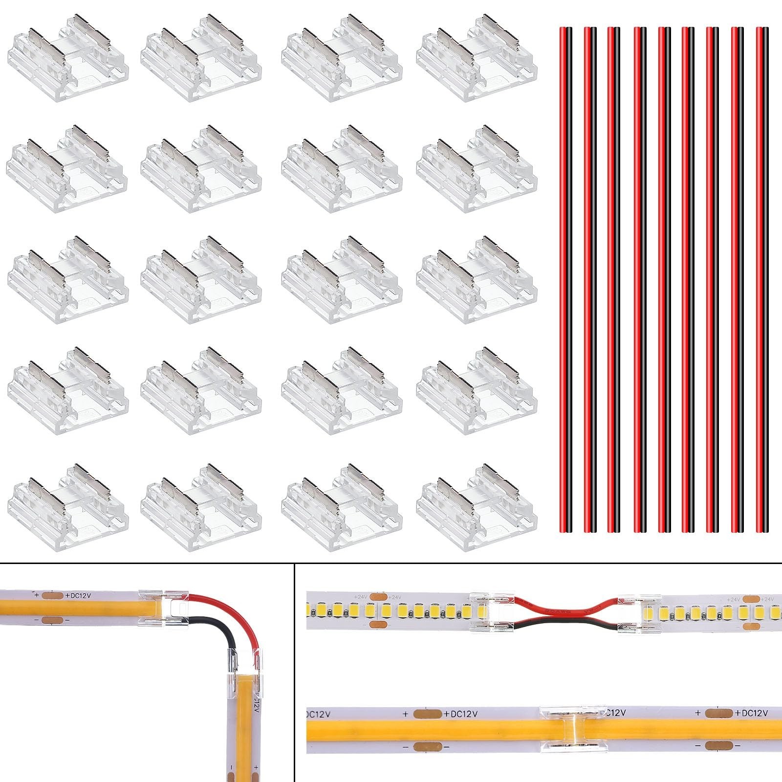 BENLUN COB LED Connector 2 Pin 10mm Kit, 20pcs Solderless I Shape Connectors,...