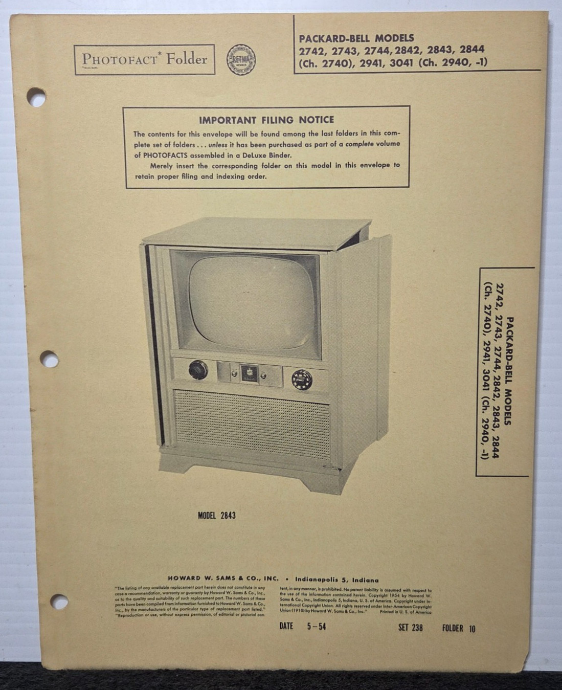 SAMS TELEVISION SERVICE MANUAL 238-10 PACKARD-BELL 2742 2743 2744 2842 2843 2844