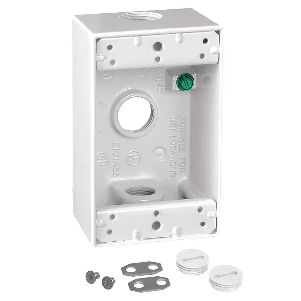 1 Gang Weatherproof Outlet Box Metallic White 3 Hole 1/2 In Outdoor Electrical