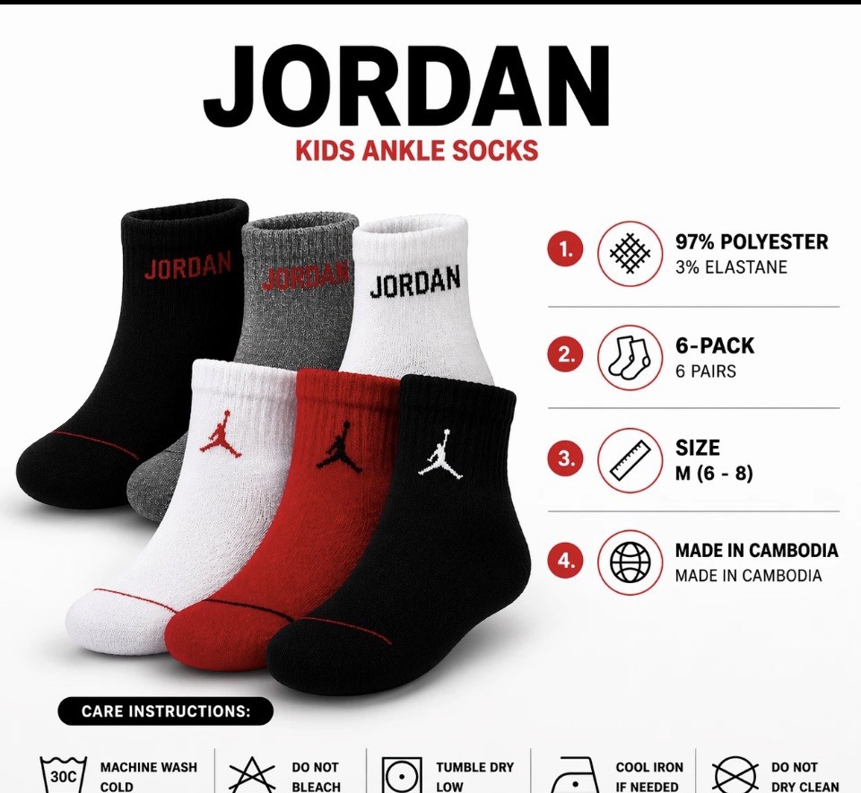 $18 value Nike Jordans Boys 6 pair of Ankle Socks Basketball Cushioned SZ 3Y-5Y