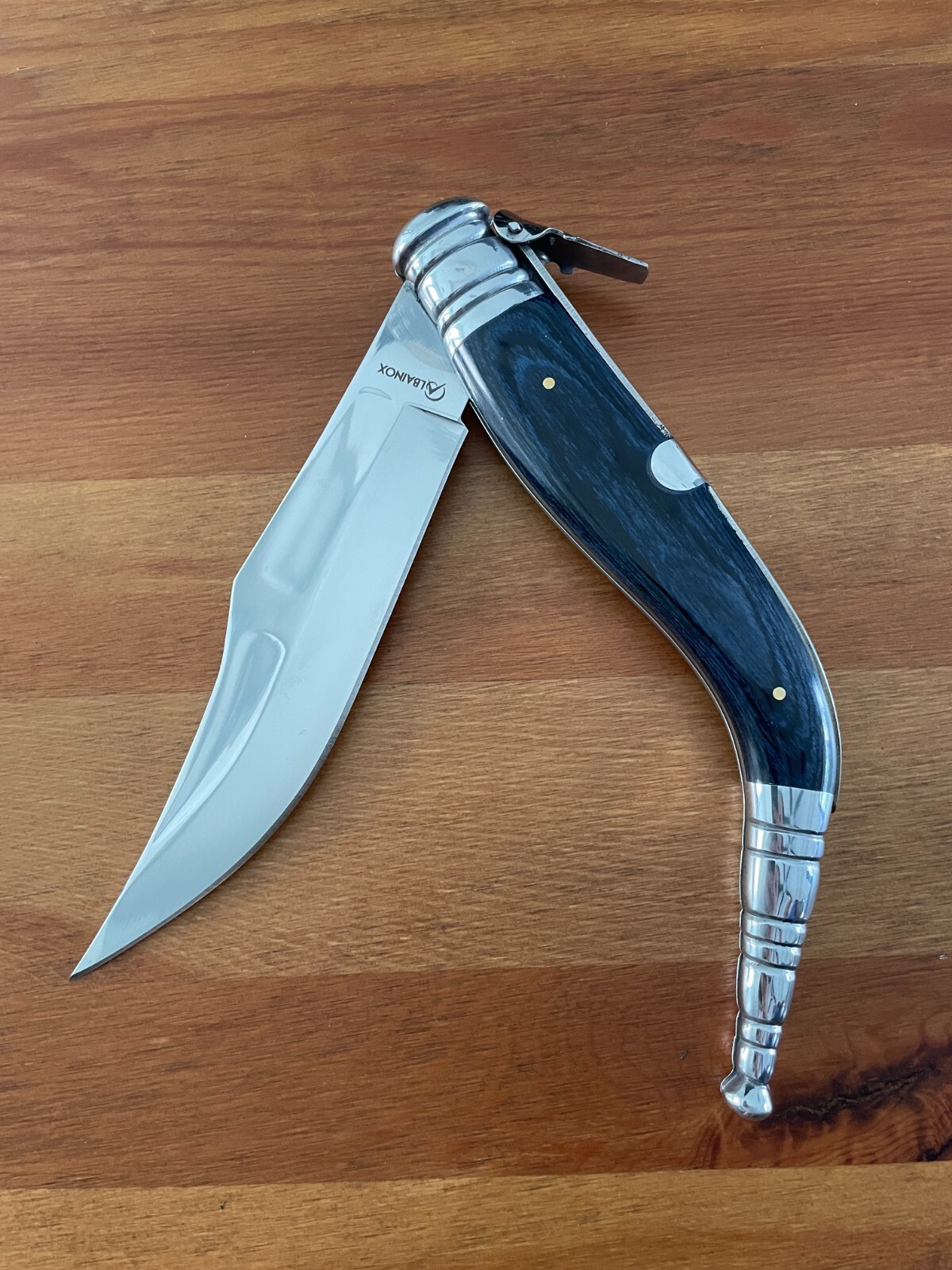 6.5" Spanish Navaja Sevillana Pocket Knife Blue Stamina Wood Scales with Ratchet