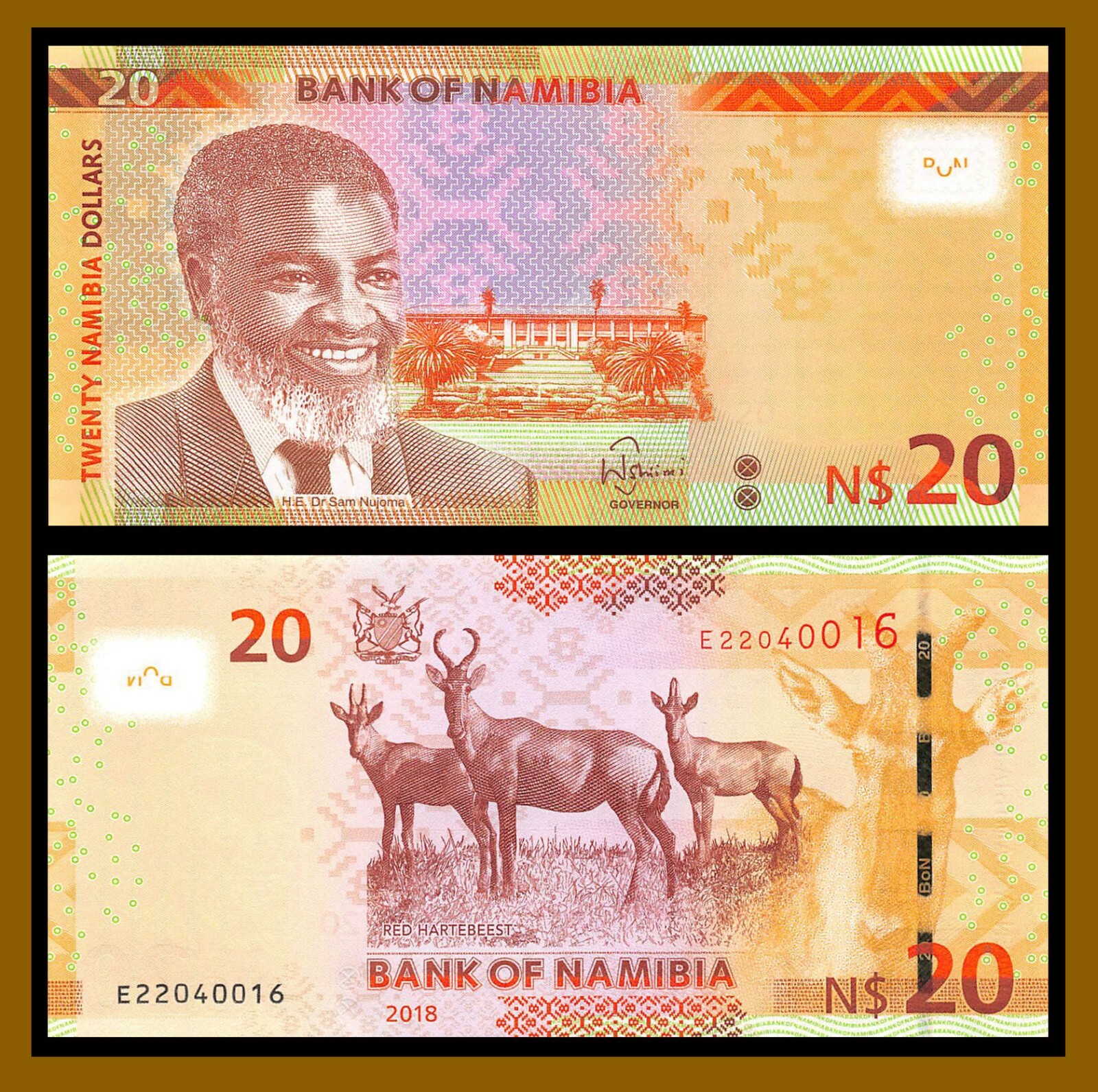Namibia 20 Dollars, 2018 P-New Red Hartebeest Antelope Unc