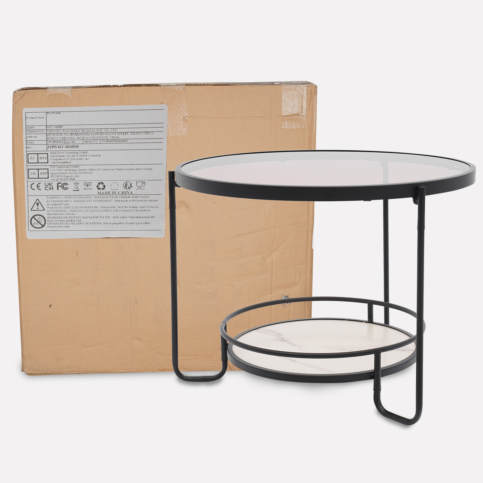 2-tier Modern Side Table Tempered Glass Side Table Round Coffee Table 60cm dia.