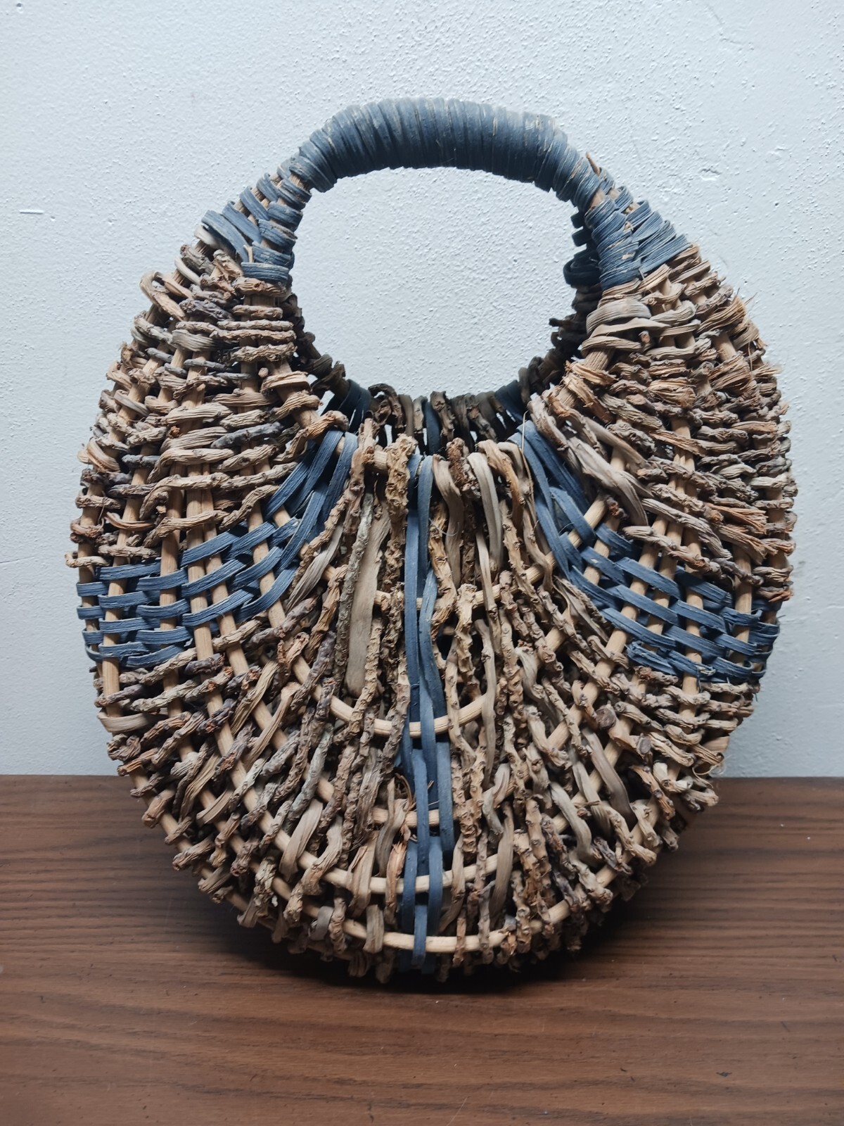 wood branch woven basket 17" tall x 13" wide oval