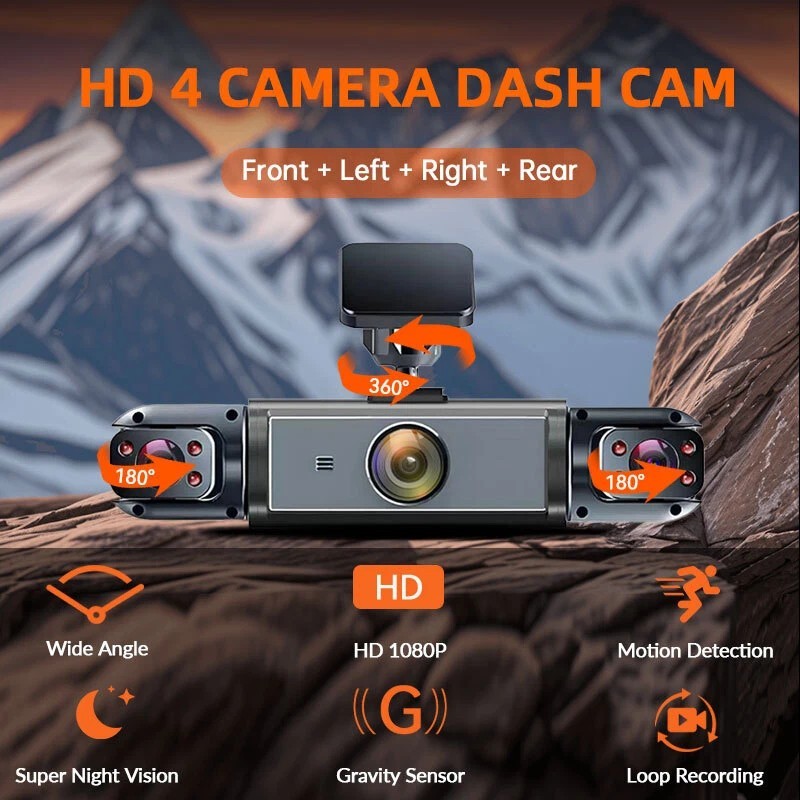 Dash Cam 4-Channel 360° Front Rear Inside DashCam 1080P Car Camera WIFI G-Sensor