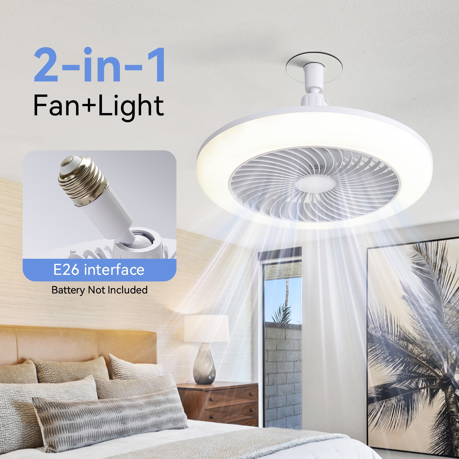 Small 11in Socket Bladeless Ceiling Fan & Dimmable LED/3 Speeds/Easy Install Fan