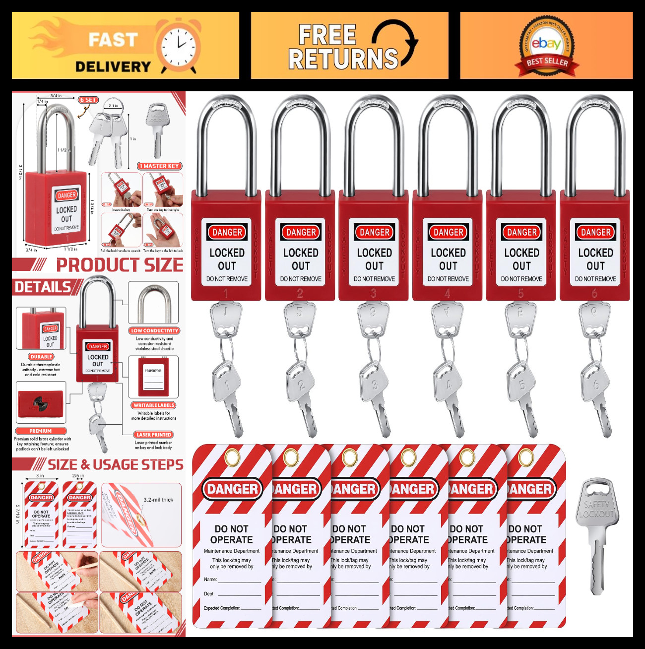 6 Set Lockout Tagout Locks Kit - Safety Padlocks, Keyed Differently, 13 Pcs with