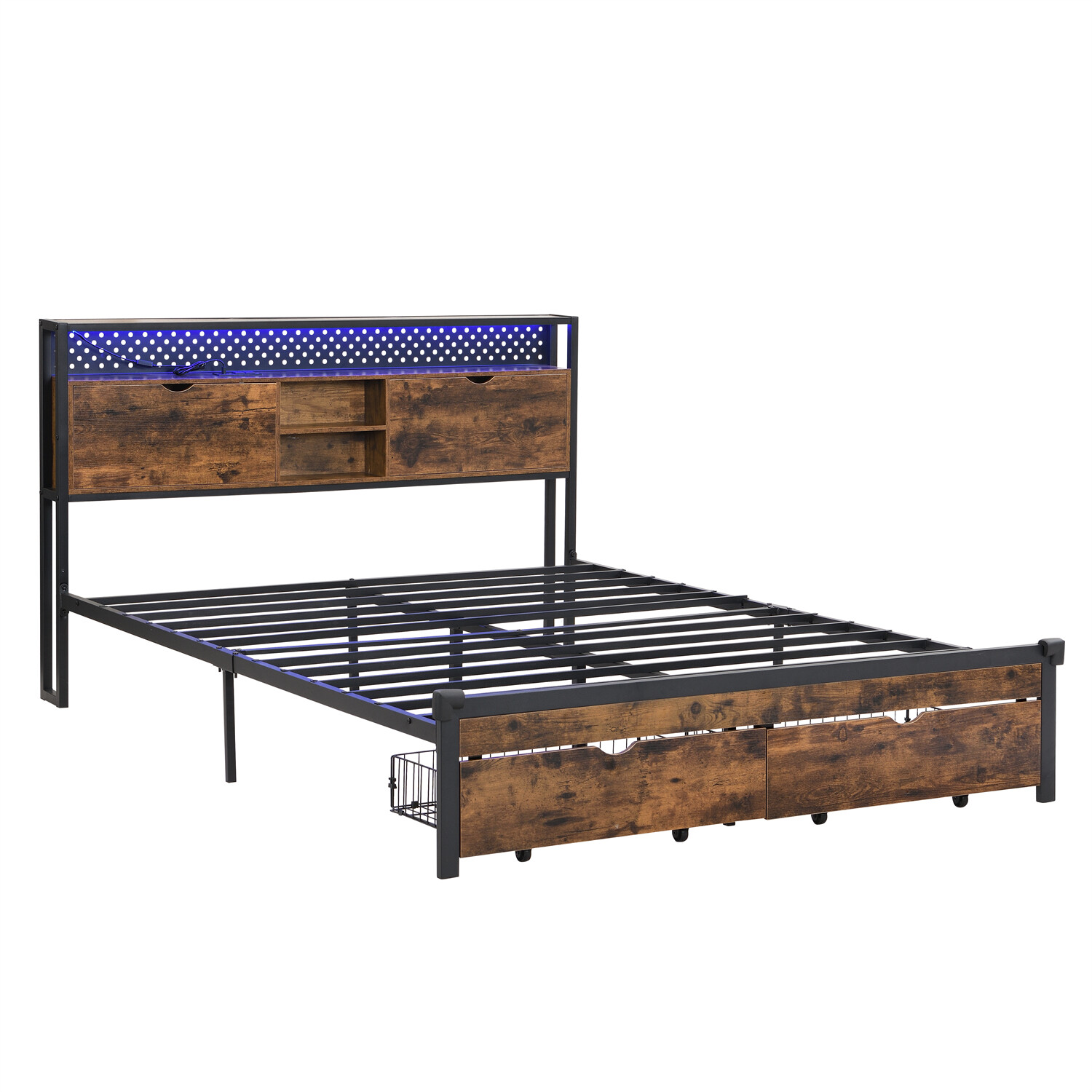 Full/Queen/King Size LED Bed Frame Metal Platform Bed w/ Charging Station