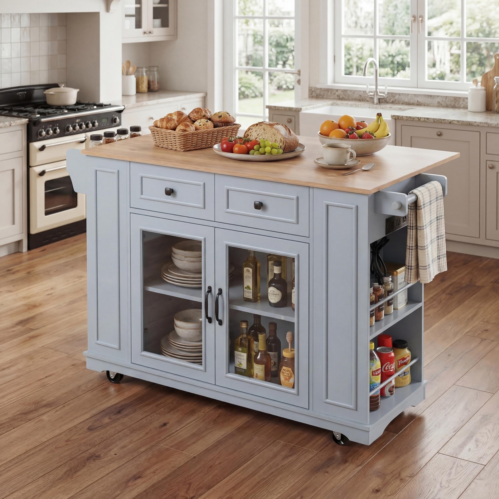 54" Mobile Kitchen Island with Glass Door Storage, Power Outlet & Open