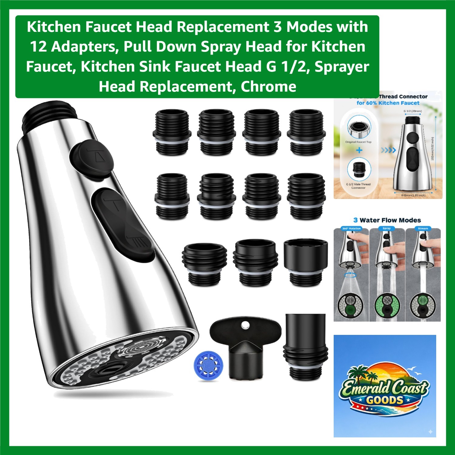Kitchen Faucet Head Replacement 3 Modes with 12 Adapters, Pull Down Spray Hea...