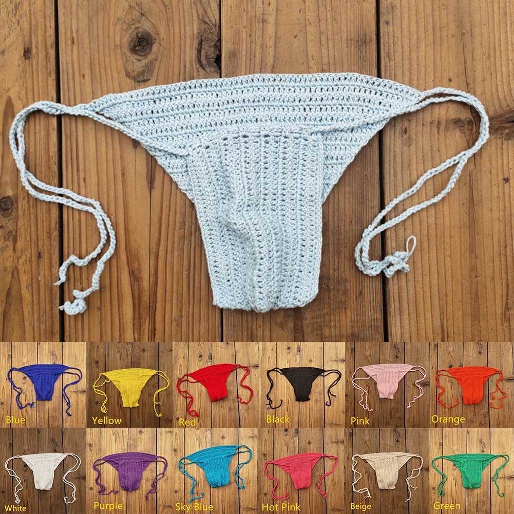 Low Rise Men Briefs Hand Crochet Lace Up Underwear Swimwear for Beach or Pool