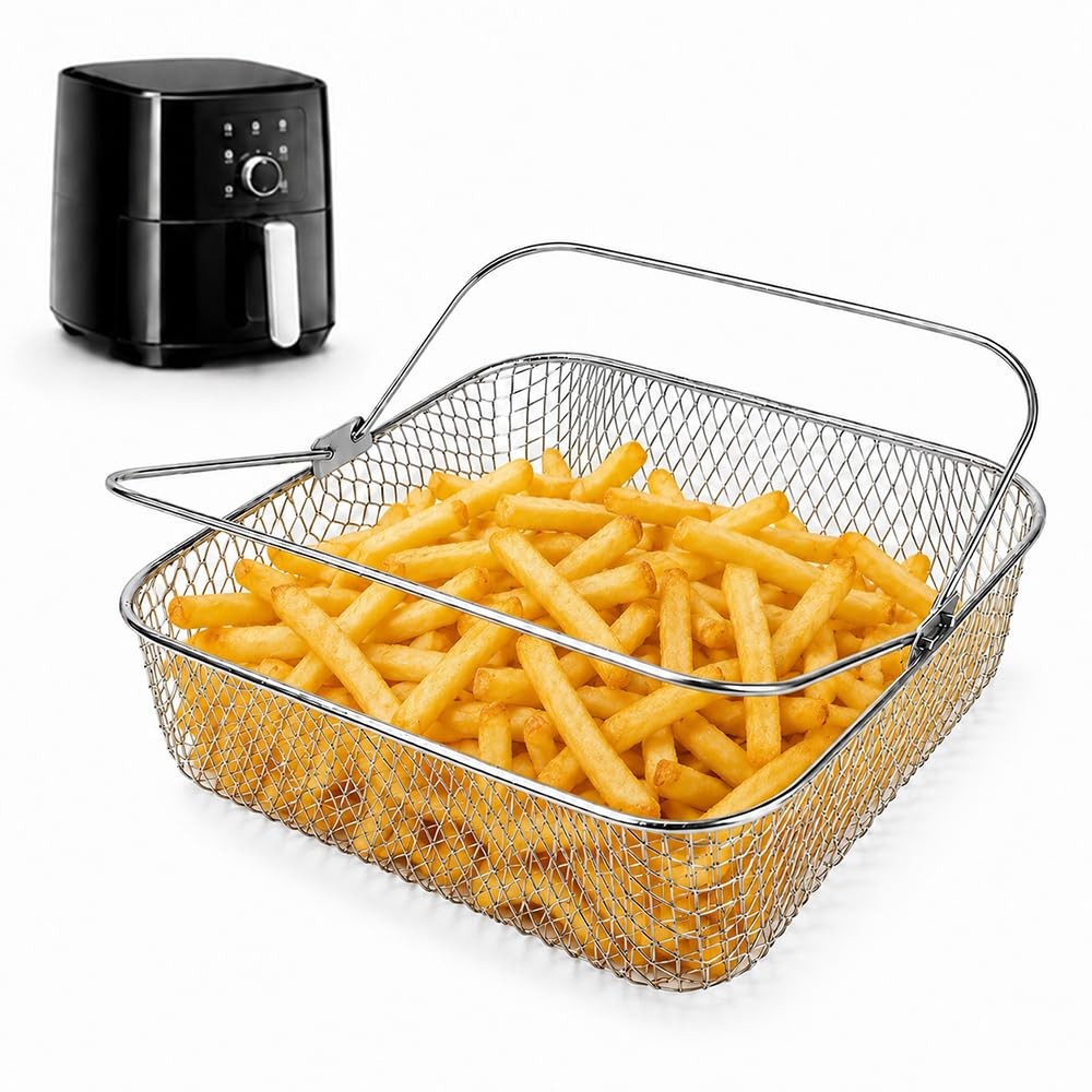 Square Air Fryer Basket with Handle, 8.5 inch Wide Square, Silver