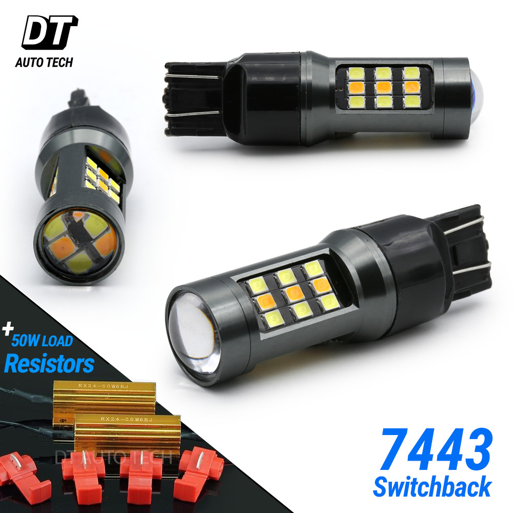 SYNETICUSA 7443 7440 LED Light Bulbs Switchback Turn Signal Parking+Resistors
