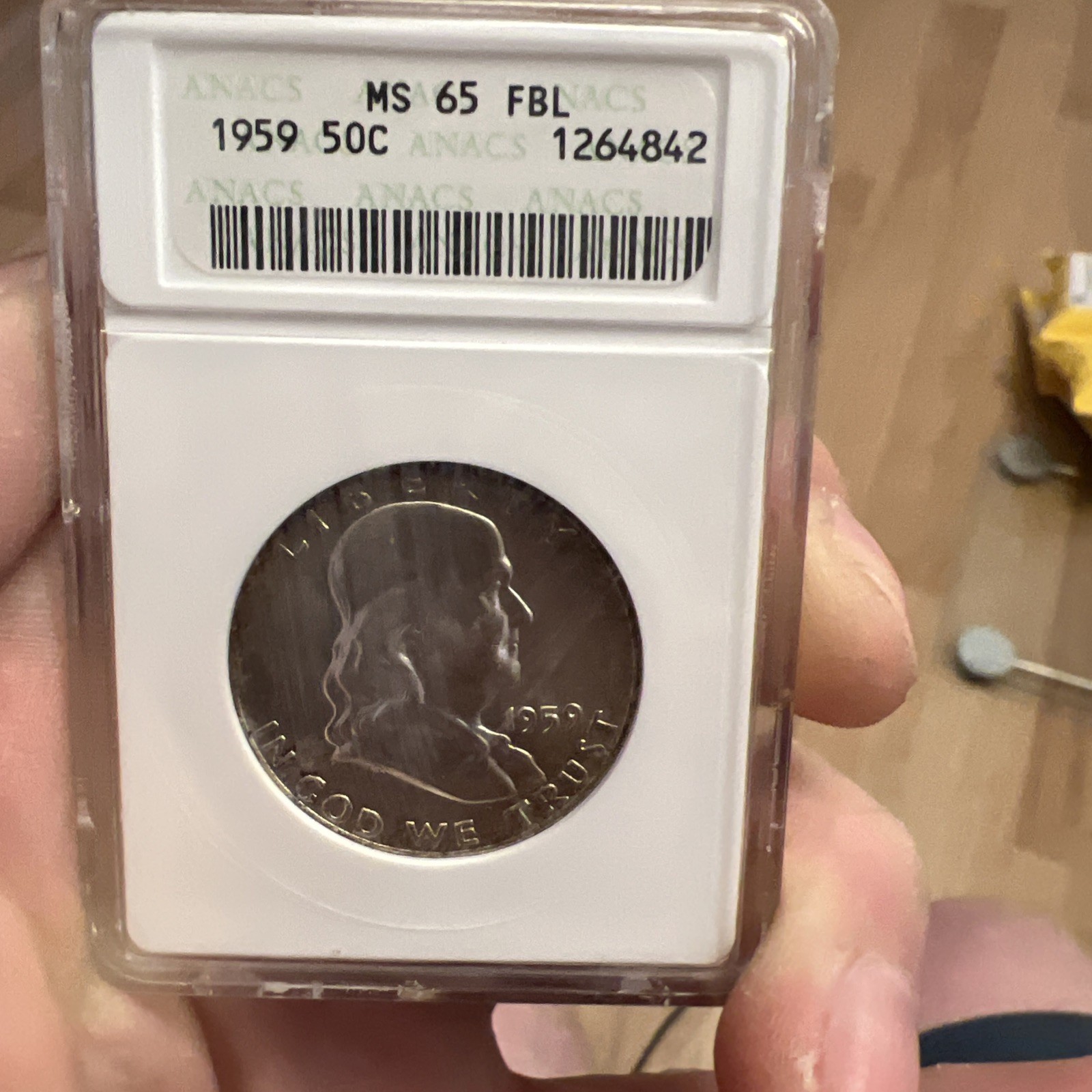 1959 50 Cent Mint State 65 Full Bell Lines Silver Half Dollar ANACS Graded