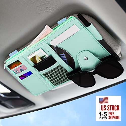 Car Sun Visor Organizer, Leather Pocket Organizer Sunglass Holder for Car Blue