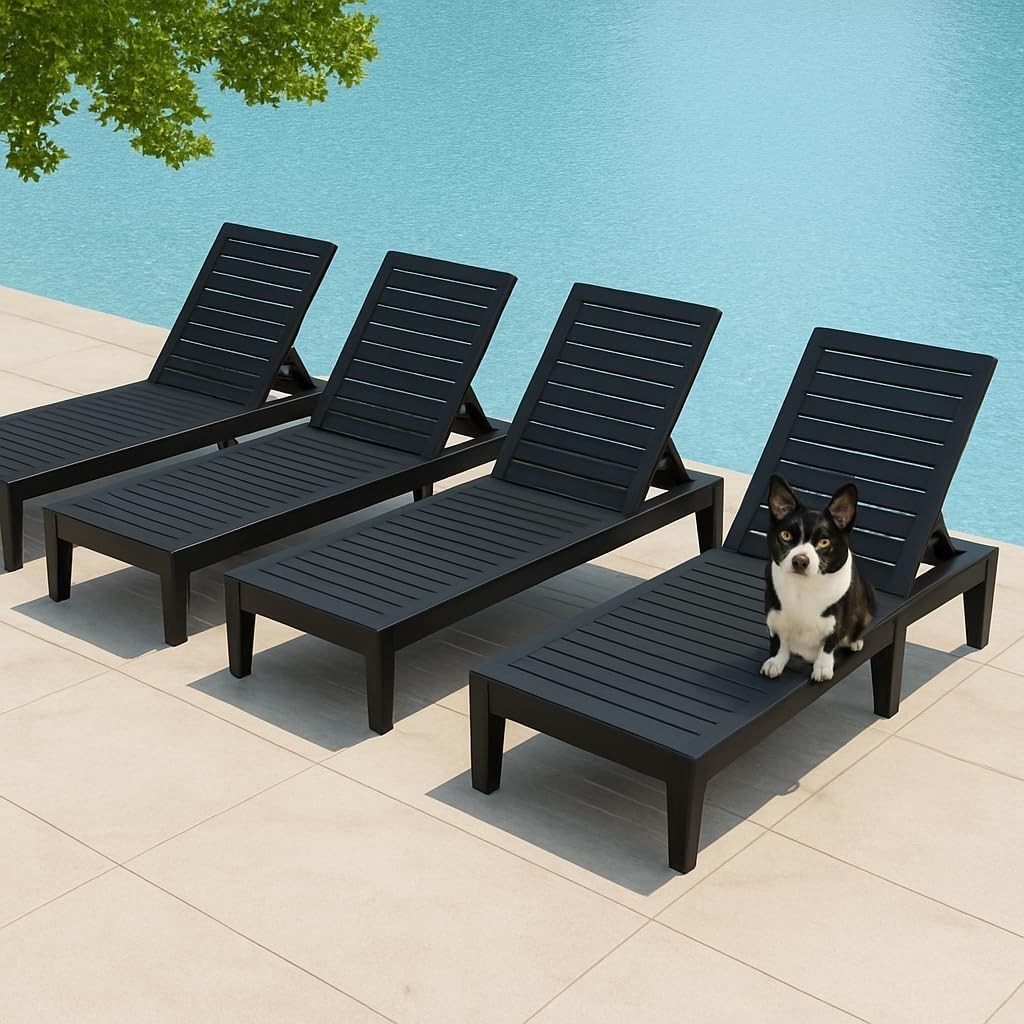 Set of 4 Outdoor Adjustable Chaise Lounge Chairs Wood Texture All-Weather Res...