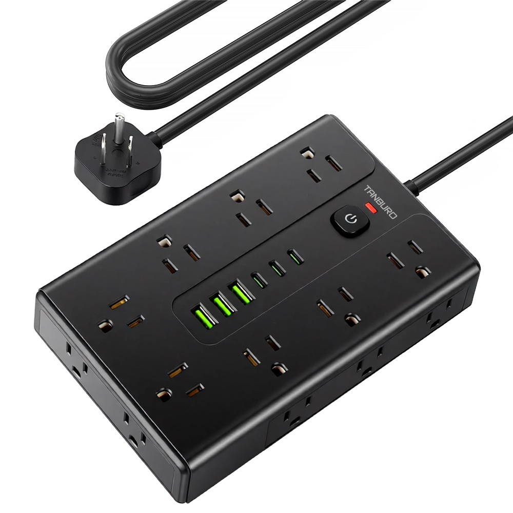 Flat Plug Power Strip with 16 Outlet Extension Cord USB Port Surge Protector