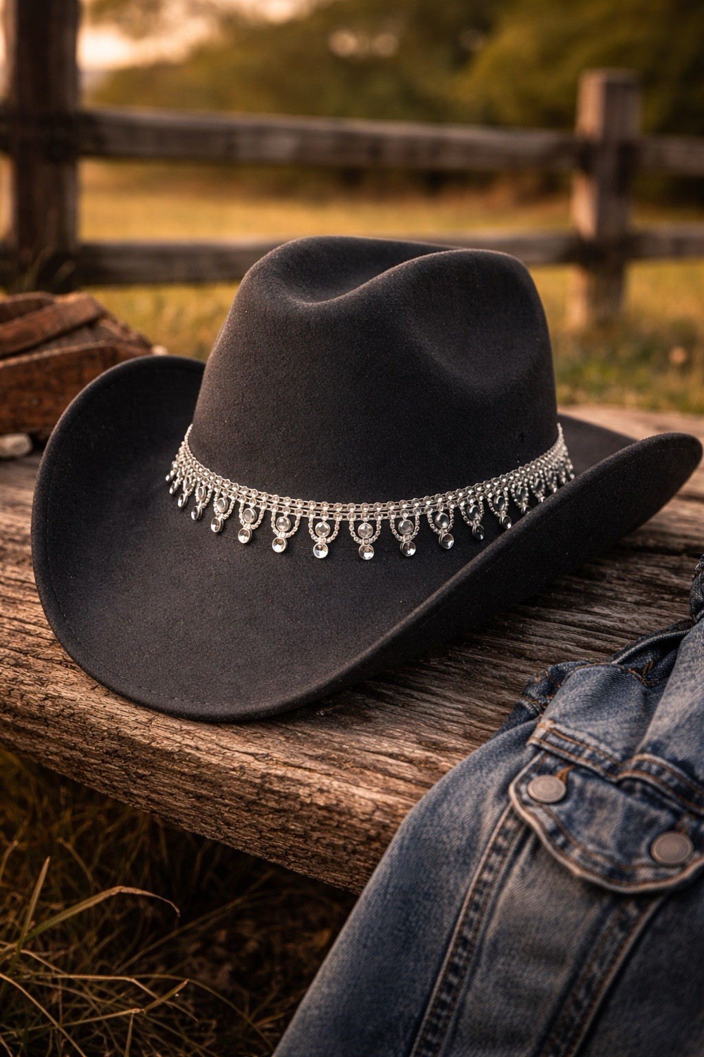 Black Cowgirl Western Hat Rhinestone Band Country Concert Rodeo Hat